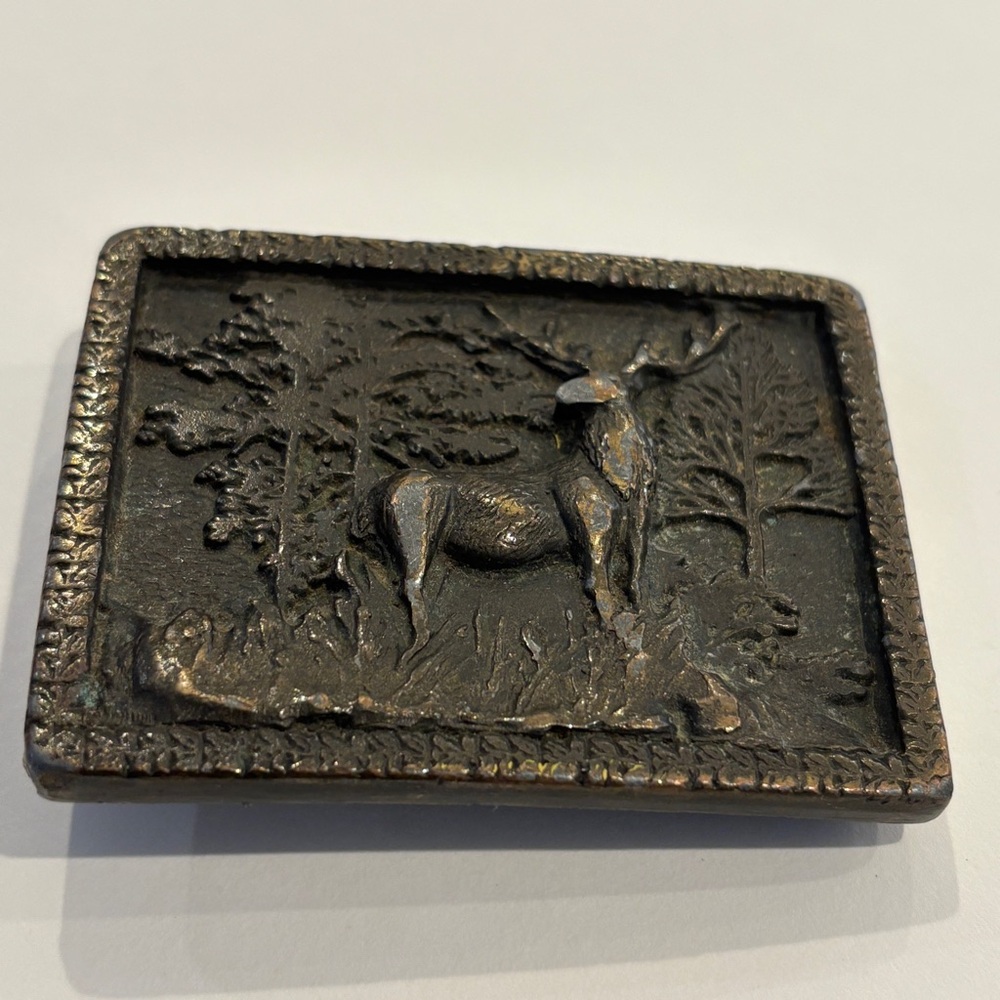 Vintage 1975 Adezy Denver Brass Belt Buckle – Deer & Forest Scene, 3" x 2"